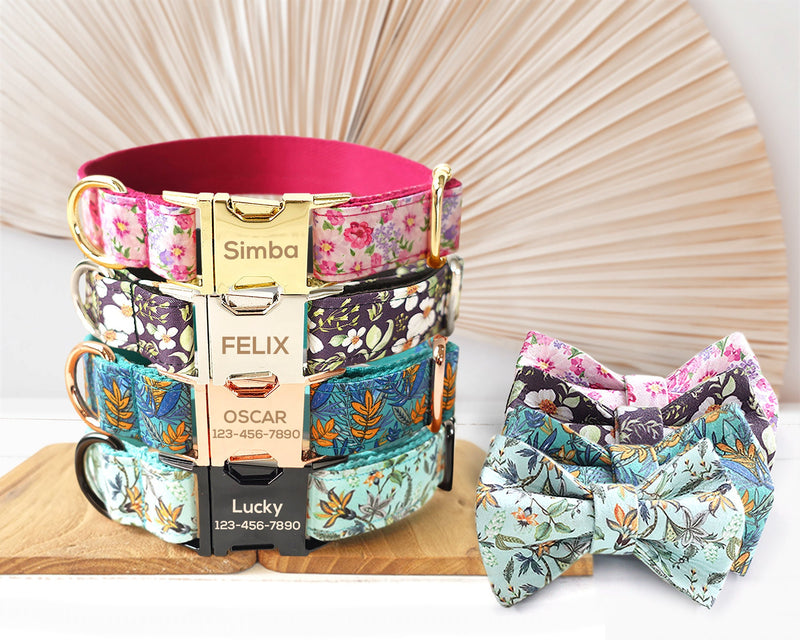 Personalized Dog Collar Name Engraved Handmade Floral Dog Collar / Leash / Detachable Bowtie, different combos available
