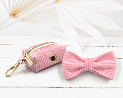 Air Tag Holder Dog Collar in Pale Pink, Carnation, Hot Pink, Burgundy Velvet or Corduroy Fabric, Bow, Lead, Poop Bag Holder