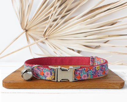 Floral Cat Puppy Collar with Bell and Quick Release Buckle, Matching Detachable Bowtie in Summer Spring Autumn Flower Pattern