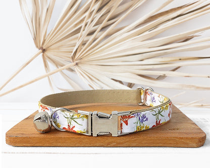 Floral Cat Puppy Collar with Bell and Quick Release Buckle, Matching Detachable Bowtie in Summer Spring Autumn Flower Pattern