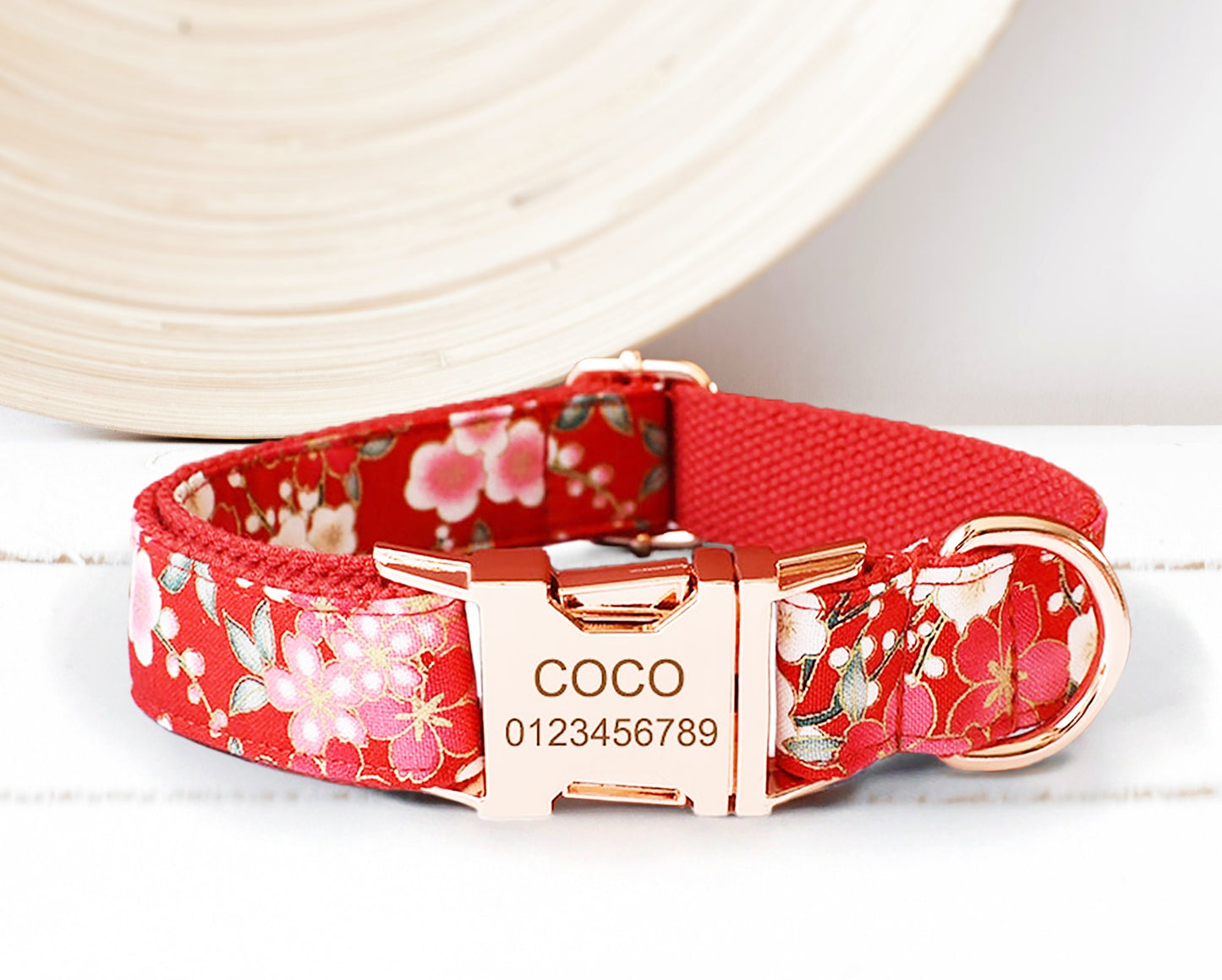 Personalised Floral Dog Collar with Engraved Name in White, Red, Purple and Black, Optional Bowtie, Flower, Leash, Bag Holder, Airtag Holder