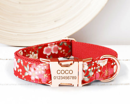 Personalised Floral Dog Collar with Engraved Name in White, Red, Purple and Black, Optional Bowtie, Flower, Leash, Bag Holder, Airtag Holder