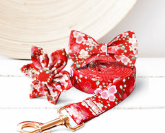 Personalized Floral Dog Collar with Engraved Name in White, Red, Purple and Black, Optional Bowtie, Flower, Leash, Bag Holder, Airtag Holder