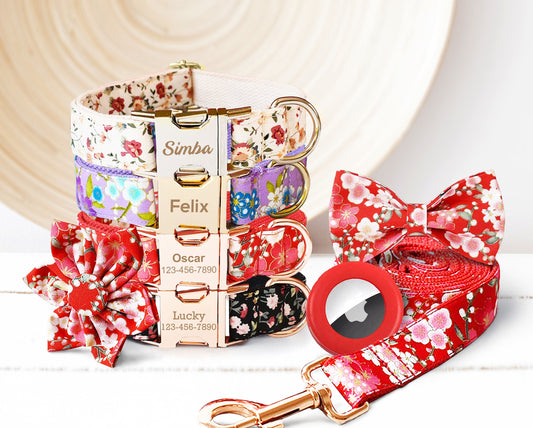 Personalised Floral Dog Collar with Engraved Name in White, Red, Purple and Black, Optional Bowtie, Flower, Leash, Bag Holder, Airtag Holder