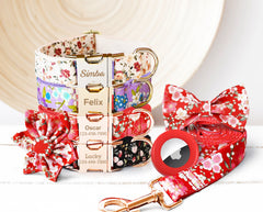 Personalized Floral Dog Collar with Engraved Name in White, Red, Purple and Black, Optional Bowtie, Flower, Leash, Bag Holder, Airtag Holder