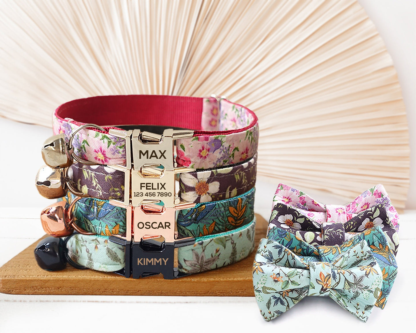 Floral Cat Collar with Bell and Removable Bow, Custom Small Dog Collar with Name, Engraved Handmade Kitten Collar