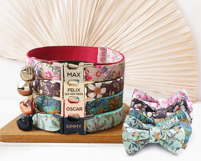 Floral Cat Collar with Bell and Removable Bow, Custom Small Dog Collar with Name, Engraved Handmade Kitten Collar
