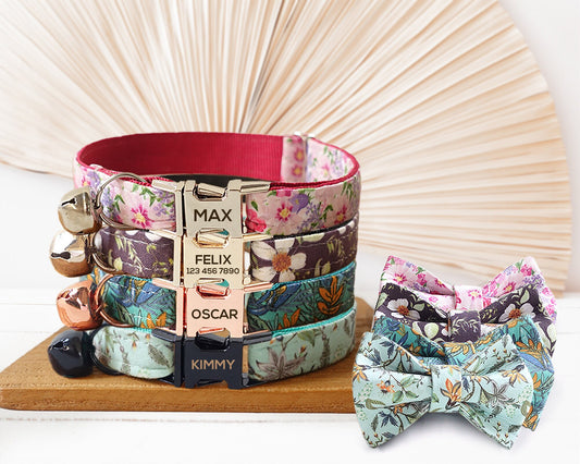 Floral Cat Collar with Bell and Removable Bow, Custom Small Dog Collar with Name, Engraved Handmade Kitten Collar