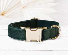 Personalized Green, Cream Velvet Boy Dog Collar with Engraved Name, Optional Bowtie, Leash, Poop Bag Holder and Airtag Holder