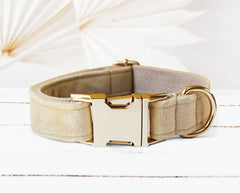 Personalized Green, Cream Velvet Boy Dog Collar with Engraved Name, Optional Bowtie, Leash, Poop Bag Holder and Airtag Holder