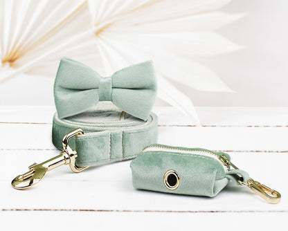Personalised Green, Cream Velvet Boy Dog Collar with Engraved Name, Optional Bowtie, Leash, Poop Bag Holder and Airtag Holder