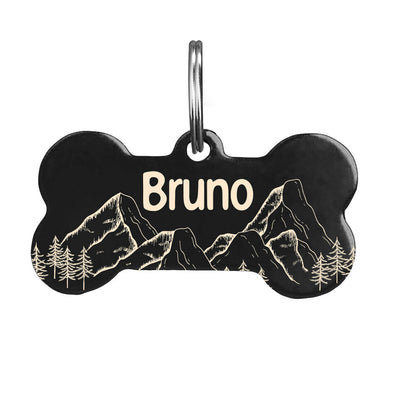 Dog Tag Bone for Collar, Personalised with Name in Mountain and Floral Pattern - Engraved Dog ID Tag with Cute Design in Gold Silver Black