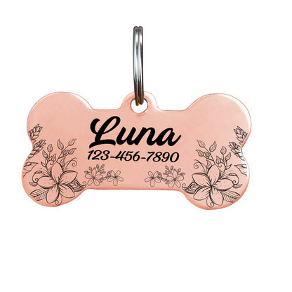 Dog Tag Bone for Collar, Personalised with Name in Mountain and Floral Pattern - Engraved Dog ID Tag with Cute Design in Gold Silver Black