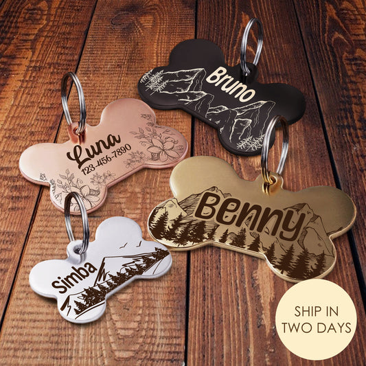 Dog Tag Bone for Collar, Personalised with Name in Mountain and Floral Pattern - Engraved Dog ID Tag with Cute Design in Gold Silver Black