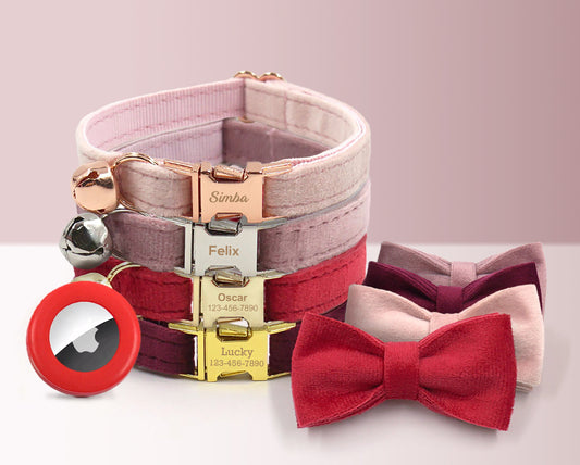 Red Cat Collar Personalised with Name for Female or Male Cat and Small Dog with Bell or Bow Tie in Pink, Dust Pink, Airtag for Cat Collar