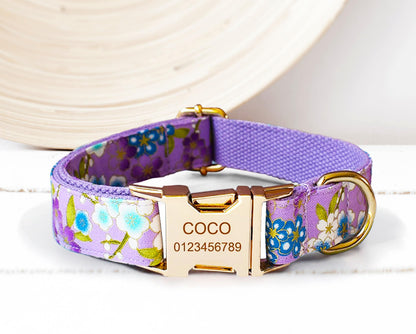 Personalised Floral Dog Collar with Engraved Name in White, Red, Purple and Black, Optional Bowtie, Flower, Leash, Bag Holder, Airtag Holder