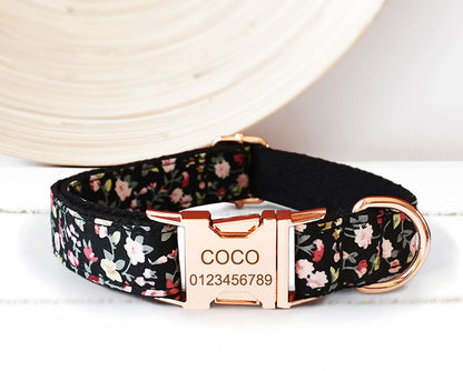 Personalised Floral Dog Collar with Engraved Name in White, Red, Purple and Black, Optional Bowtie, Flower, Leash, Bag Holder, Airtag Holder