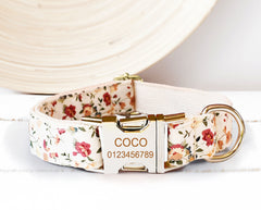 Personalized Floral Dog Collar with Engraved Name in White, Red, Purple and Black, Optional Bowtie, Flower, Leash, Bag Holder, Airtag Holder