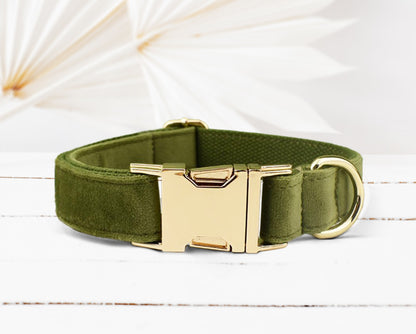 Personalised Green, Cream Velvet Boy Dog Collar with Engraved Name, Optional Bowtie, Leash, Poop Bag Holder and Airtag Holder