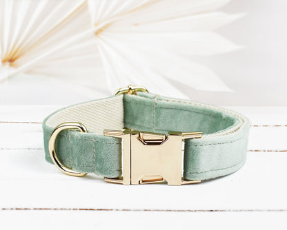 Personalised Green, Cream Velvet Boy Dog Collar with Engraved Name, Optional Bowtie, Leash, Poop Bag Holder and Airtag Holder