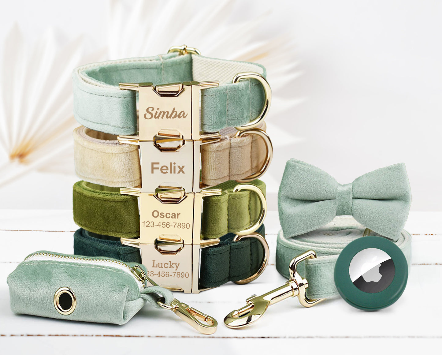 Personalised Green, Cream Velvet Boy Dog Collar with Engraved Name, Optional Bowtie, Leash, Poop Bag Holder and Airtag Holder