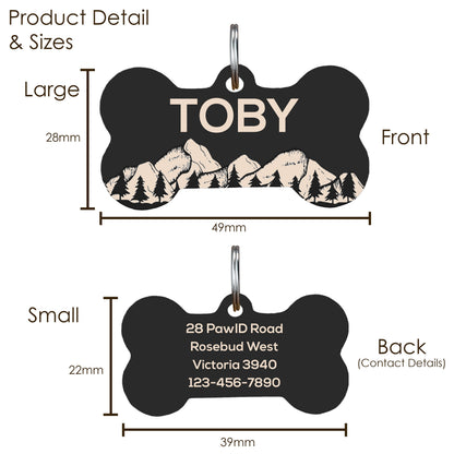 Dog Tag Bone for Collar, Personalised with Name in Mountain and Floral Pattern - Engraved Dog ID Tag with Cute Design in Gold Silver Black