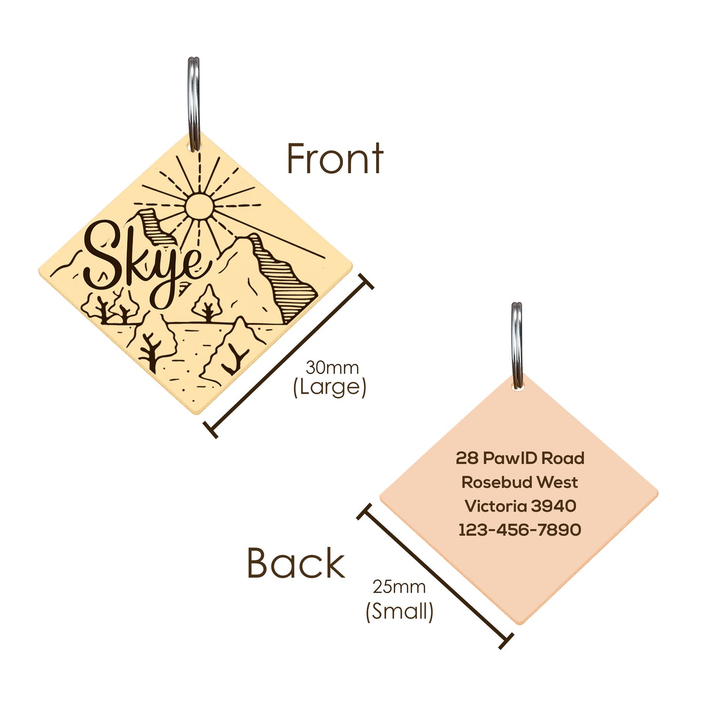 Cute Dog Tag Cat Tag in Gold, Silver and Rose Gold Diamond Shape, Stainless Steel Personalised ID Tag Collar for Collar Featuring Mountain