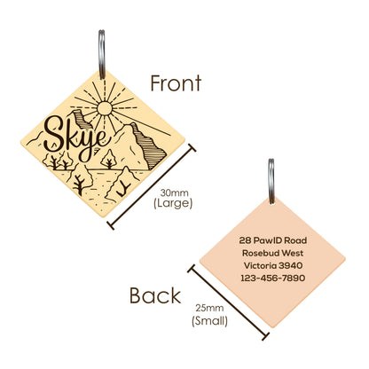 Cute Dog Tag Cat Tag in Gold, Silver and Rose Gold Diamond Shape, Stainless Steel Personalised ID Tag Collar for Collar Featuring Mountain