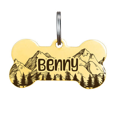 Dog Tag Bone for Collar, Personalised with Name in Mountain and Floral Pattern - Engraved Dog ID Tag with Cute Design in Gold Silver Black