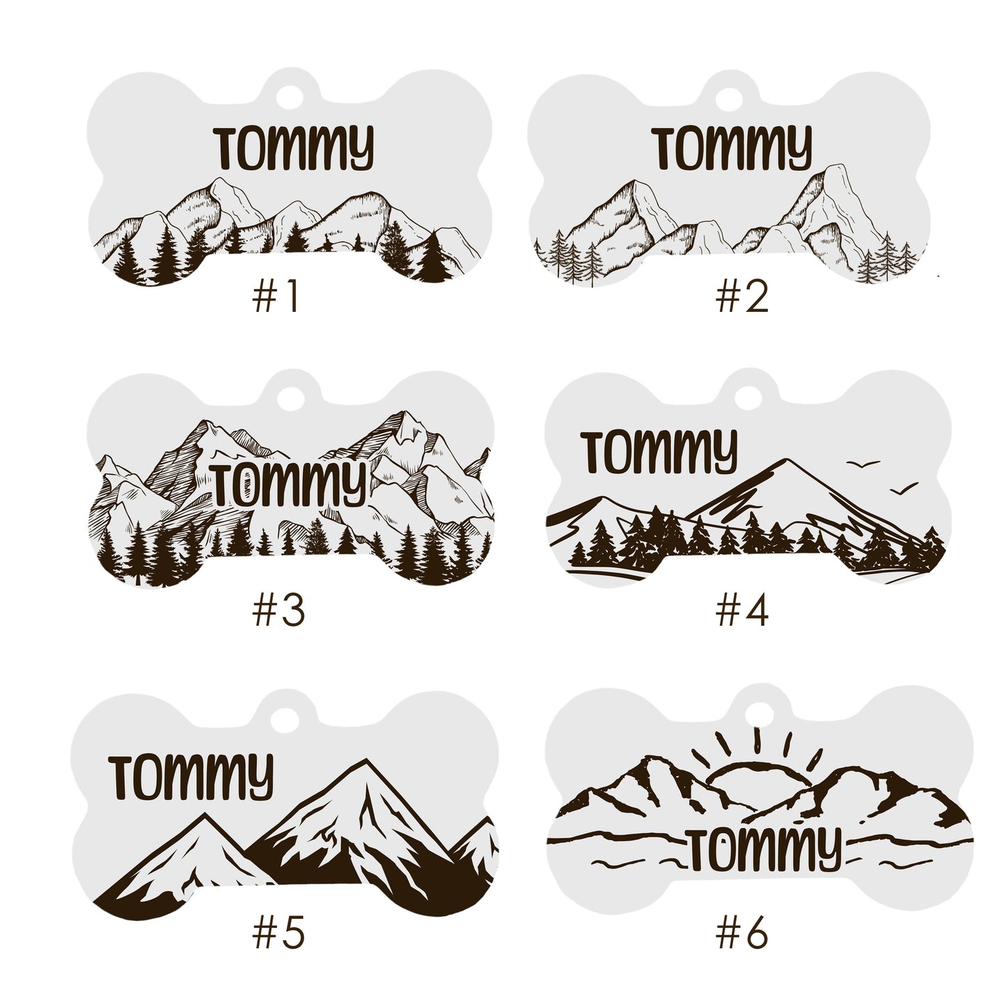 Dog Tag Bone for Collar, Personalised with Name in Mountain and Floral Pattern - Engraved Dog ID Tag with Cute Design in Gold Silver Black