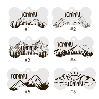 Dog Tag Bone for Collar, Personalised with Name in Mountain and Floral Pattern - Engraved Dog ID Tag with Cute Design in Gold Silver Black
