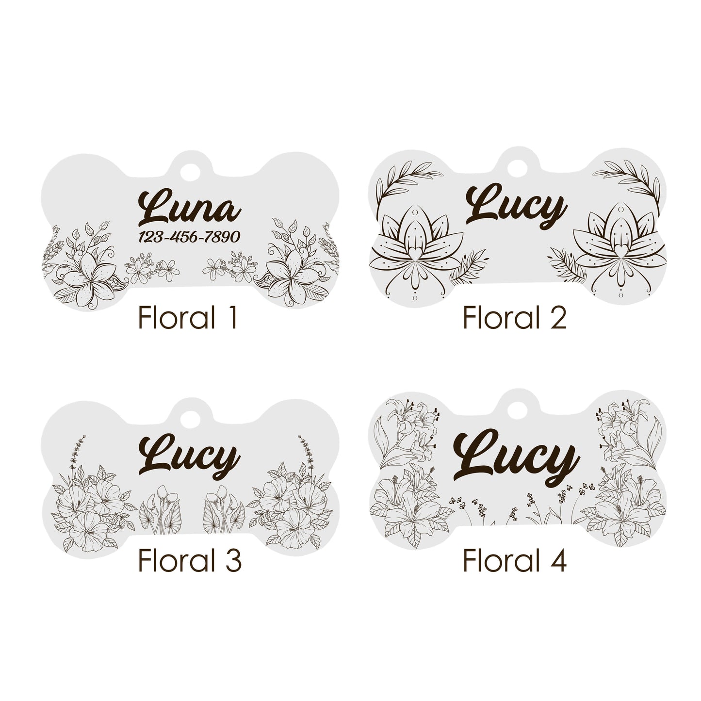 Dog Tag Bone for Collar, Personalised with Name in Mountain and Floral Pattern - Engraved Dog ID Tag with Cute Design in Gold Silver Black