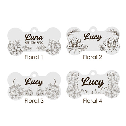 Dog Tag Bone for Collar, Personalised with Name in Mountain and Floral Pattern - Engraved Dog ID Tag with Cute Design in Gold Silver Black