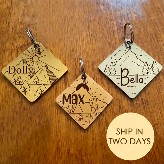 Cute Dog Tag Cat Tag in Gold, Silver and Rose Gold Diamond Shape, Stainless Steel Personalised ID Tag Collar for Collar Featuring Mountain