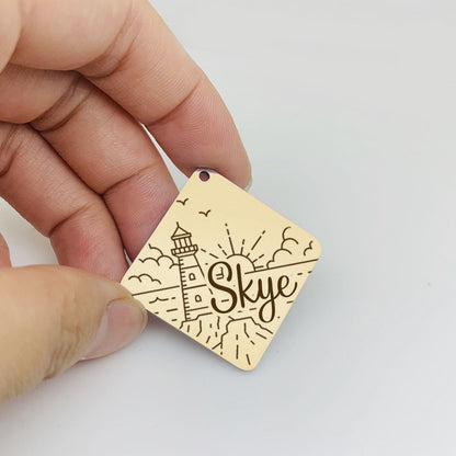 Cute Dog Tag Cat Tag in Gold, Silver and Rose Gold Diamond Shape, Stainless Steel Personalised ID Tag Collar for Collar Featuring Mountain