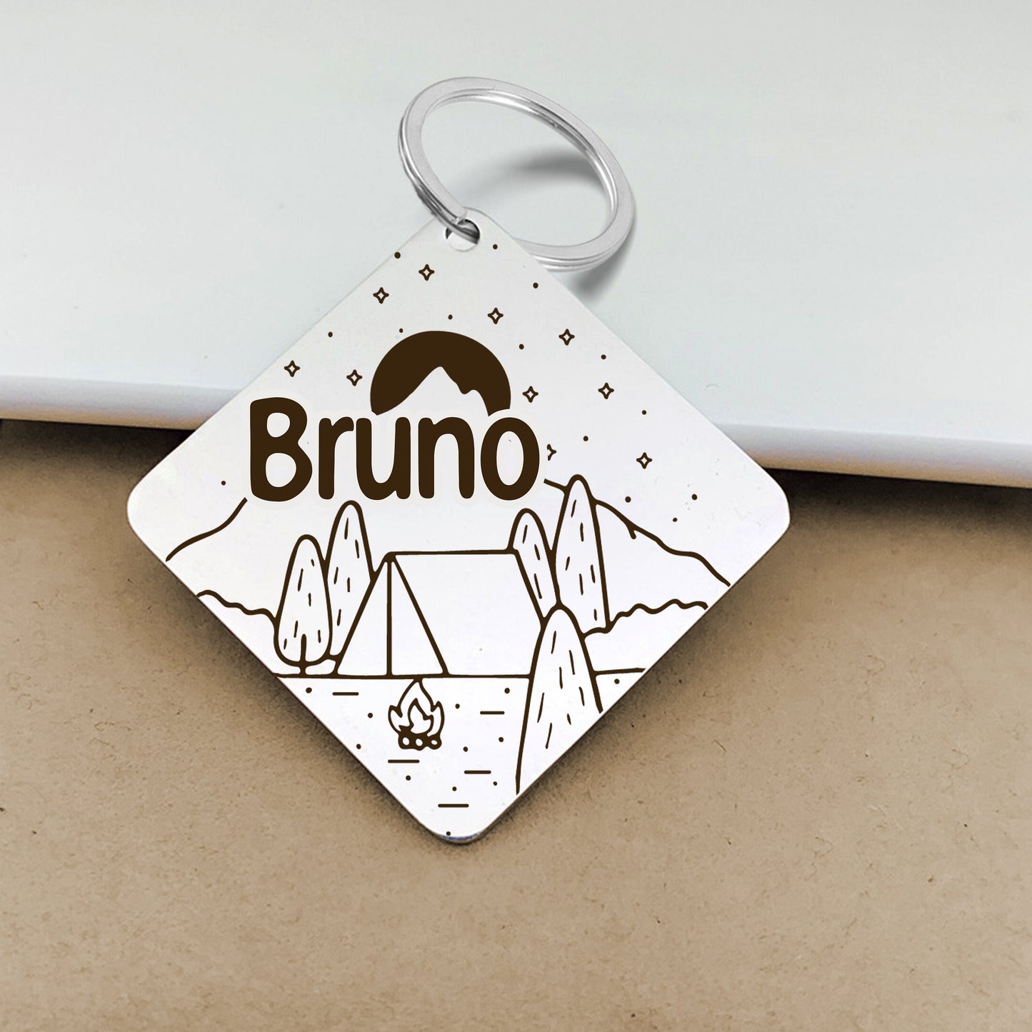 Cute Dog Tag Cat Tag in Gold, Silver and Rose Gold Diamond Shape, Stainless Steel Personalised ID Tag Collar for Collar Featuring Mountain
