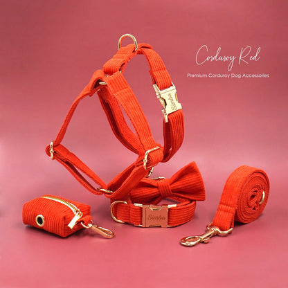 Personalised Dog Harness, Custom Red Corduroy Dog Collar, Dog Bowtie, Dog Leash, Dog Harness and Dog Poop Bag Holder