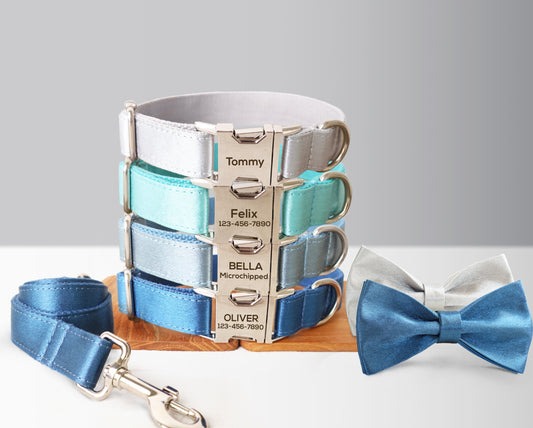 Personalised Satin Wedding Dog Collar with Name - Silver, Aqua, Haze Blue or Blue, Detachable Bowtie