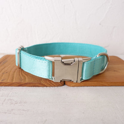 Personalised Satin Wedding Dog Collar with Name - Silver, Aqua, Haze Blue or Blue, Detachable Bowtie