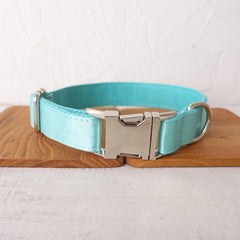 Personalized Satin Wedding Dog Collar with Name - Silver, Aqua, Haze Blue or Blue, Detachable Bowtie