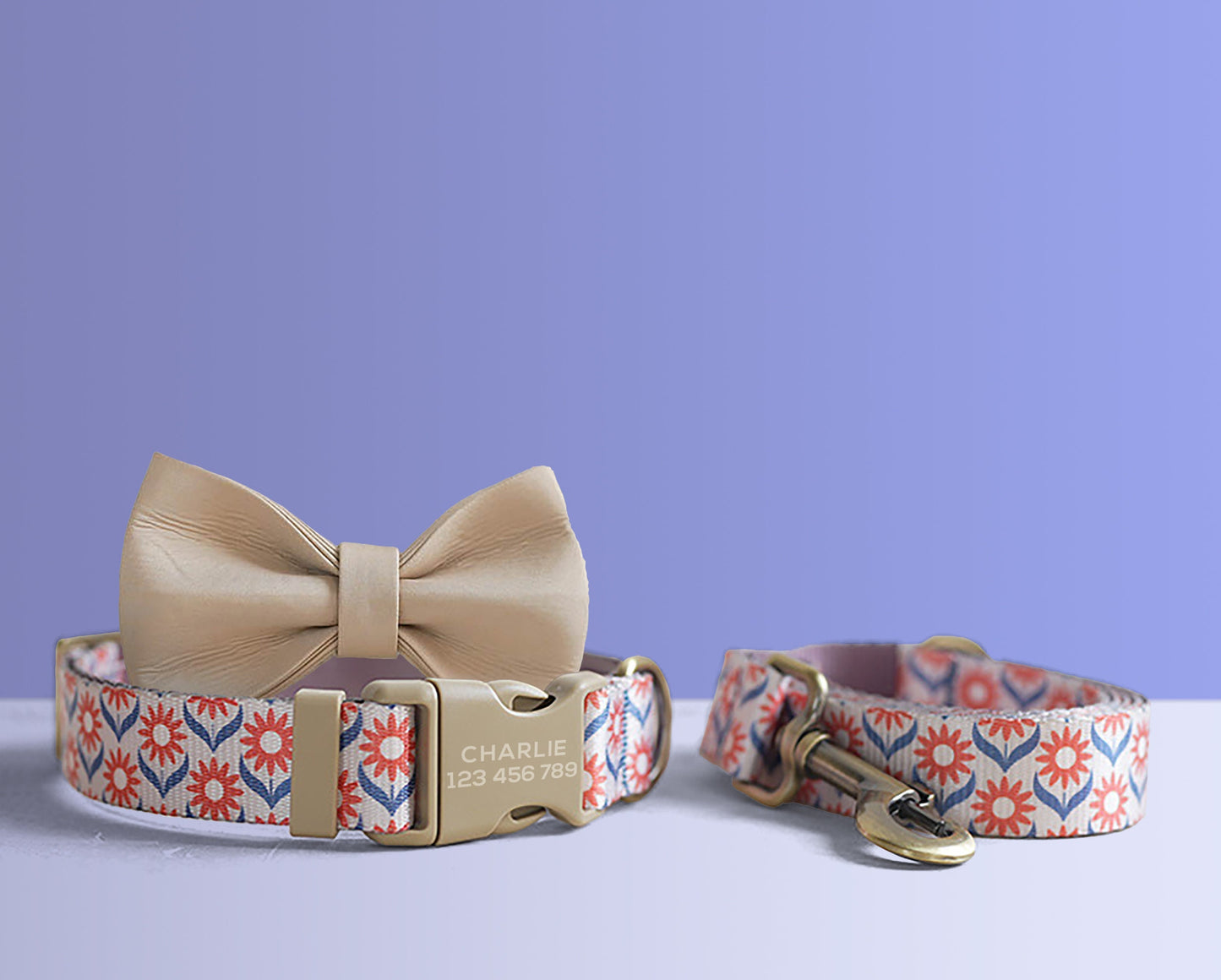 Personalised Purple Floral Lightweight Dog Collar, Premium Dog Collar or Dog Collar and Leash Set with Matching Bowtie *Detachable
