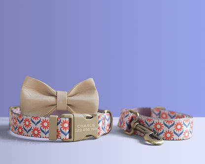 Personalised Purple Floral Lightweight Dog Collar, Premium Dog Collar or Dog Collar and Leash Set with Matching Bowtie *Detachable