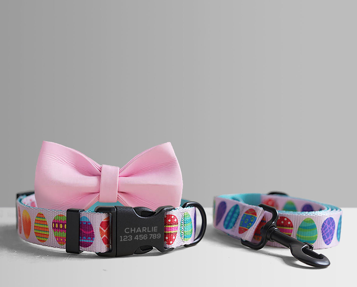 Personalised Lightweight Dog Collar, Leash, Easter Egg and Colorful Dog Collar and Leash Set with Matching Removable Bowtie