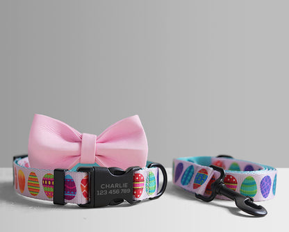 Personalised Lightweight Dog Collar, Leash, Easter Egg and Colorful Dog Collar and Leash Set with Matching Removable Bowtie