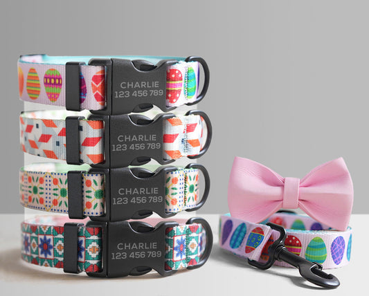 Personalised Lightweight Dog Collar, Leash, Easter Egg and Colorful Dog Collar and Leash Set with Matching Removable Bowtie