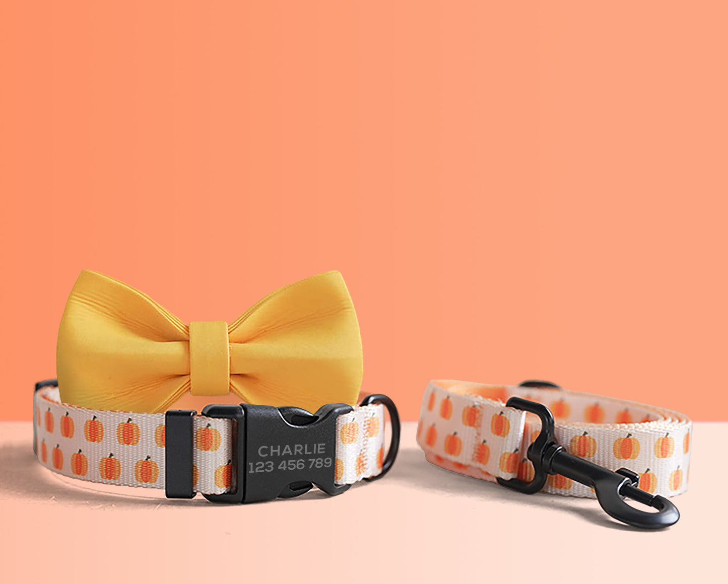 Personalised Orange Lightweight Dog Collar, Premium Dog Collar or Dog Collar and Leash Set with Matching Bowtie *Detachable
