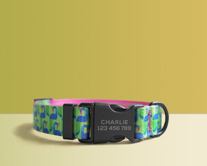 Personalised Dog Collar, Lead, Green Bowtie in Green Yellow Lightweight Fabric, Plastic Buckle Custom with Name