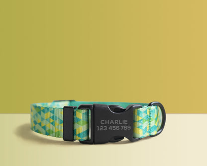 Personalised Dog Collar, Lead, Green Bowtie in Green Yellow Lightweight Fabric, Plastic Buckle Custom with Name