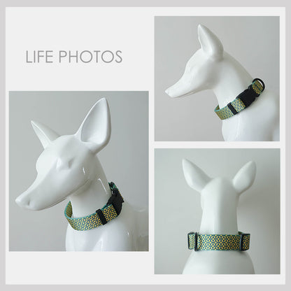 Personalised Dog Collar, Lead, Green Bowtie in Green Yellow Lightweight Fabric, Plastic Buckle Custom with Name