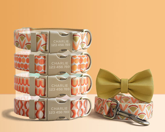 Orange Lightweight Dog Collar, Abstract Pattern Personalised Premium Dog Collar or Dog Collar and Leash Set with Matching Bowtie